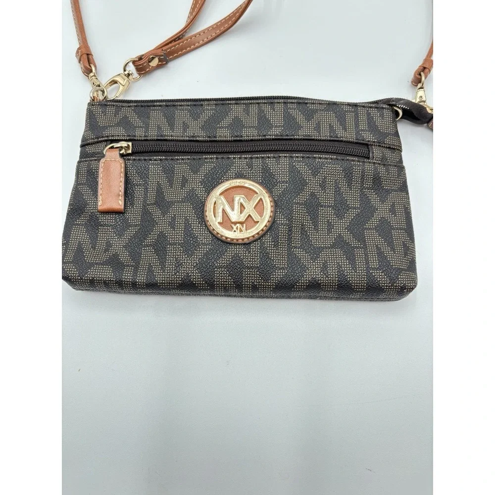 NX XN Monogram Crossbody Wristlet Purse Brown Logo Zip Clutch Bag Wallet